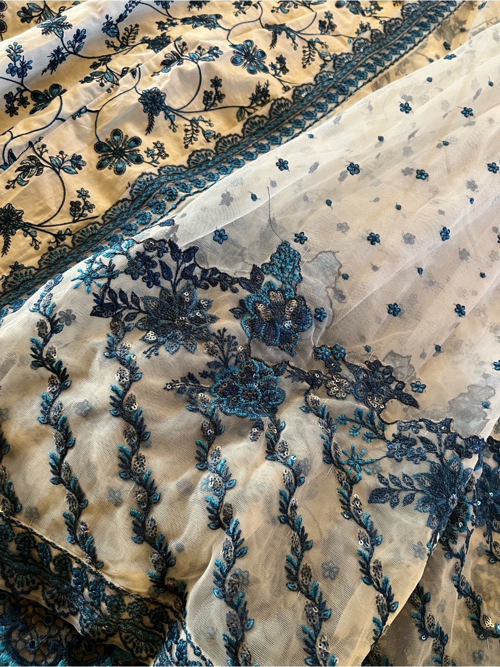 Elegant Blue & White Floral Maxi Dress with Sheer Dupatta brand Faiza saqlain - Picture 14 of 17